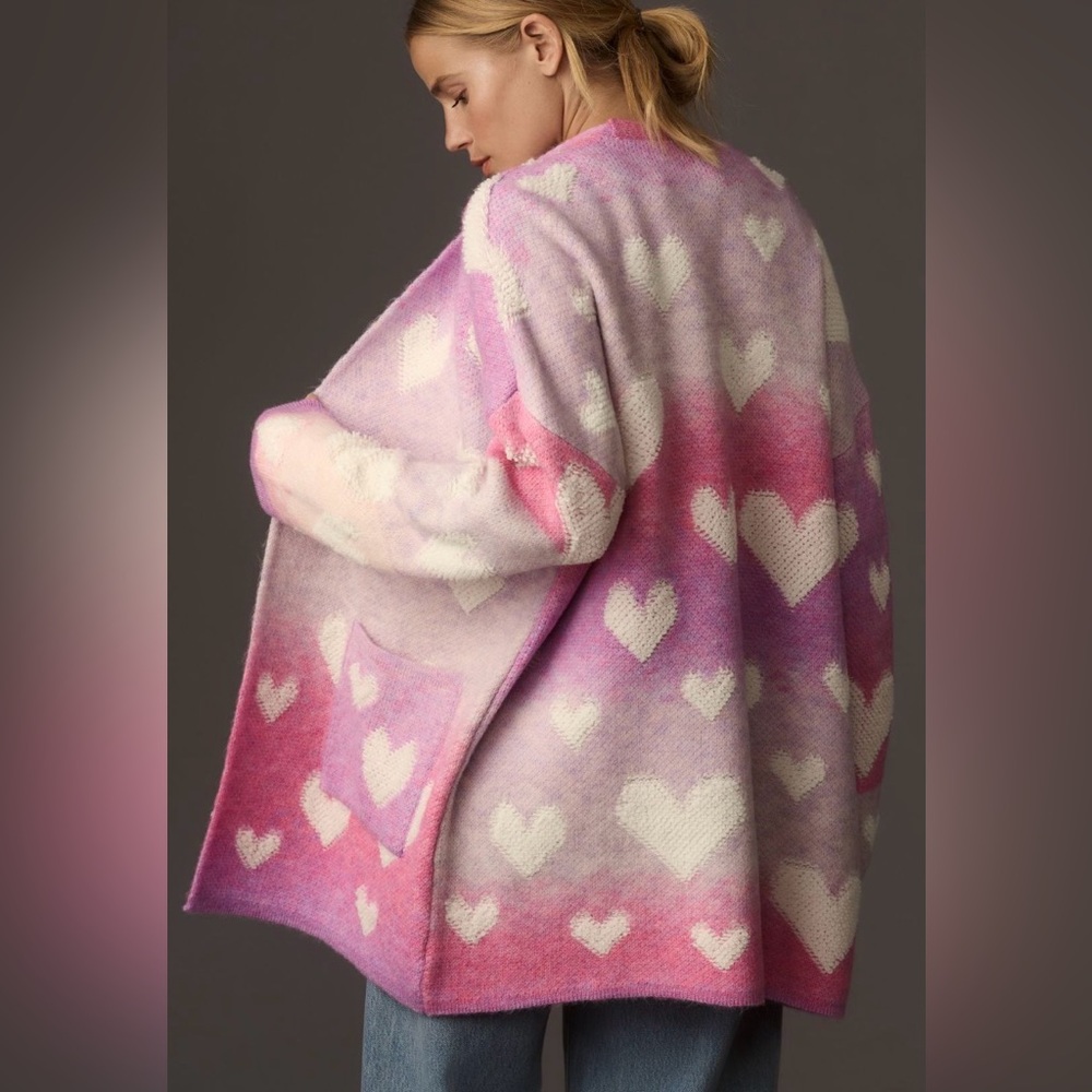 Maeve by Anthropologie Purple Pink Heart-Print Open Cardigan Sweater size M/L - Picture 3 of 6